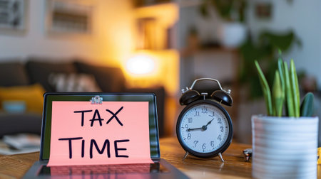 Close-up photo of a "TAX TIME" sticky note on a laptop in a cozy home workspace generative aiの素材