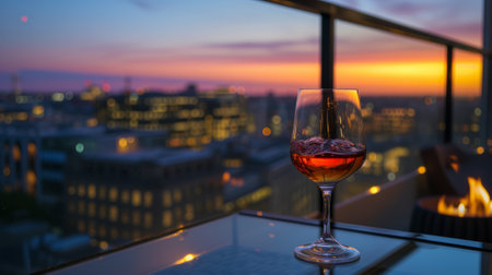 Elegant glass of wine on a rooftop terrace, surrounded by city lights, generative aiの素材