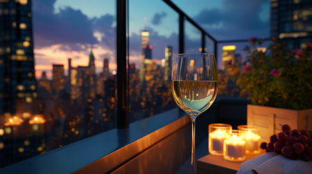 Elegant glass of wine on a rooftop terrace, surrounded by city lights, generative aiの素材