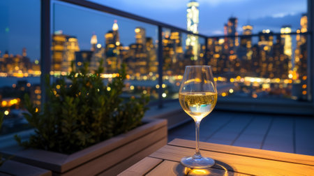Elegant glass of wine on a rooftop terrace, surrounded by city lights, generative aiの素材