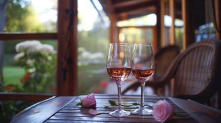 Beautiful glass of wine on a country porch. generative aiの素材