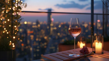 Elegant glass of wine on a rooftop terrace, surrounded by city lights, generative aiの素材