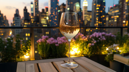 Elegant glass of wine on a rooftop terrace, surrounded by city lights, generative aiの素材