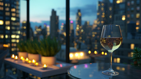 Elegant glass of wine on a rooftop terrace, surrounded by city lights, generative aiの素材