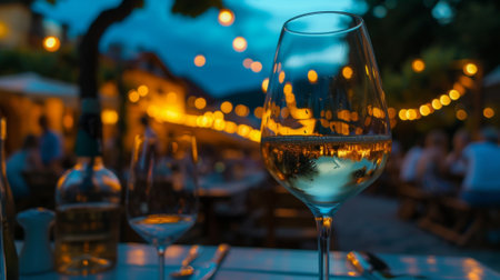 Closeup of a glass of wine on the terrace of a restaurant generative aiの素材