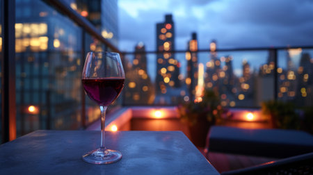 Elegant glass of wine on a rooftop terrace, surrounded by city lights, generative aiの素材