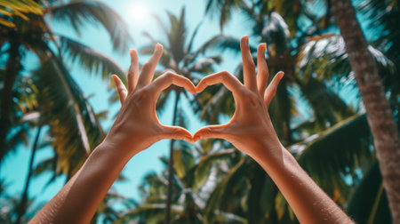 Close-up of hands forming a heart in a tropical paradise, surrounded by palm trees and the gentle breeze generative aiの素材