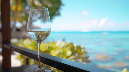 Closeup of a glass of wine on the balcony of a tropical resort, overlooking the ocean, generative aiの素材