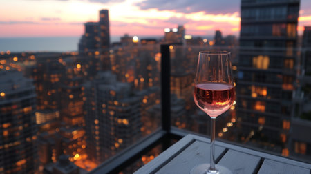 Elegant glass of wine on a rooftop terrace, surrounded by city lights, generative aiの素材