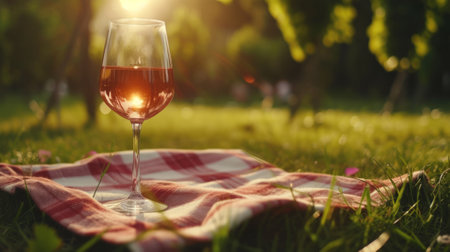Closeup of a glass of wine on a picnic blanket in a lush green meadow, generative aiの素材