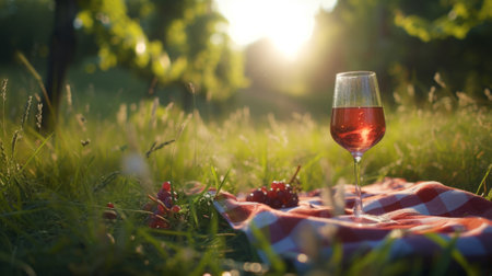 Closeup of a glass of wine on a picnic blanket in a lush green meadow, generative aiの素材