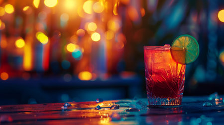 cocktail decorated with a slice of lime, illuminated background generative aiの素材