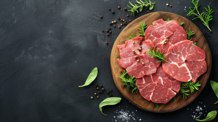 slices of fresh meat, raw meat on a round wooden board generative aiの素材