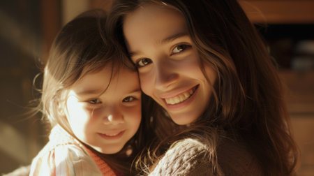 Beautiful woman and child with long brown hair smiling generative aiの素材