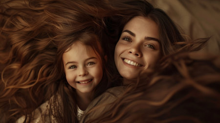 Beautiful woman and child with long brown hair smiling generative aiの素材
