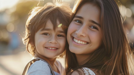Beautiful woman and child with long brown hair smiling generative aiの素材