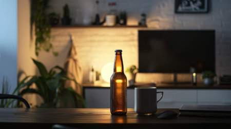 bottle beer on a dark desk, with white wall generative aiの素材