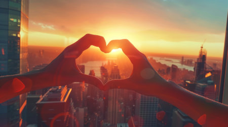 Hands forming a heart on a sunlit rooftop terrace generative aiの素材