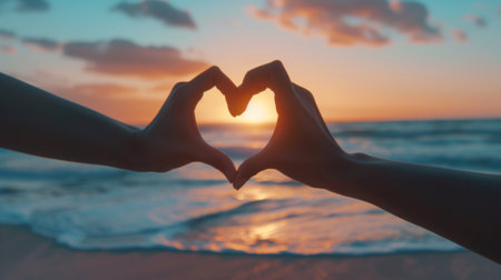 Close-up of hands shaping a heart on a tranquil beach at sunrise generative aiの素材