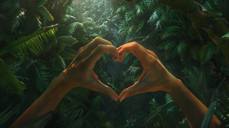 Hands forming a heart in a peaceful forest setting, generative aiの素材