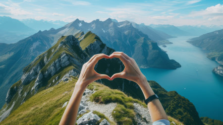 Hands forming a heart on a serene mountain peak generative aiの素材