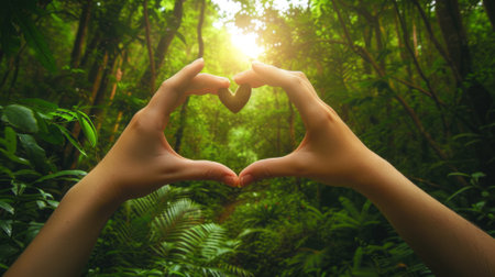 Hands forming a heart in a peaceful forest setting, generative aiの素材