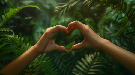 Hands forming a heart in a peaceful forest setting, generative aiの素材