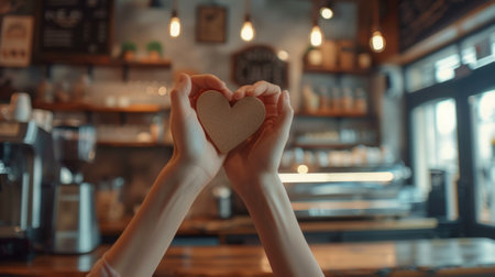 Heart-shaped hands against the backdrop of a cozy cafe, generative aiの素材