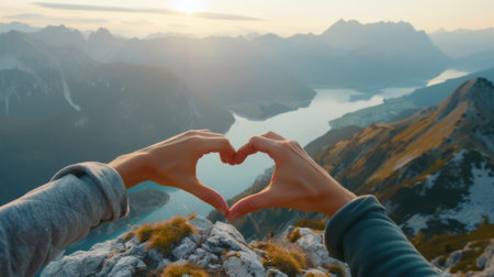 Hands forming a heart on a serene mountain peak generative aiの素材