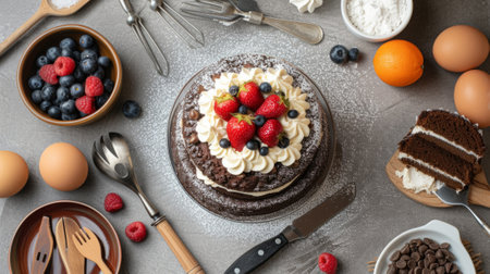 chocolate cake with whipped cream and fruits, generative aiの素材