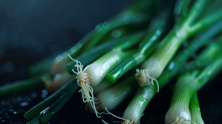long onion, wet, on dark background, studio shot generative aiの素材