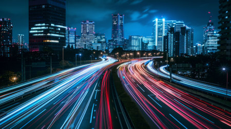cityscape with rays of light, expressing the fast life in the city generative aiの素材