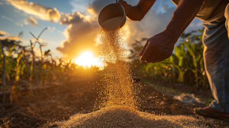 farmer pouring grains into a sack, in the background a sunset generative aiの素材