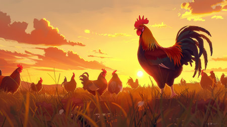 Hens and roosters in the field at sunset generative aiの素材