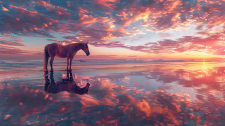 beautiful horse with a sunset behind him generative aiの素材
