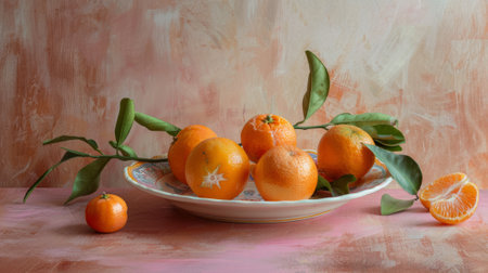 tangerines on a plate, solid color background generative aiの素材