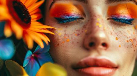 Woman expressing joy with extravagant makeup generative aiの素材