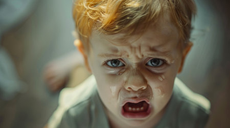 Crying child with distressed face expressing discomfort and drowsiness. generative aiの素材