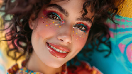 Woman expressing joy with extravagant makeup generative aiの素材