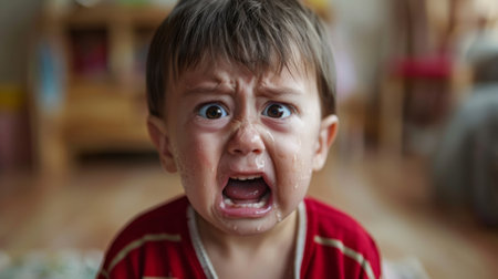 Crying child with distressed face expressing discomfort and drowsiness. generative aiの素材