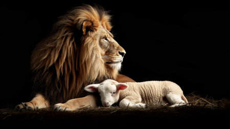 realistic illustration of a lion next to a lamb, expressing protection generative aiの素材