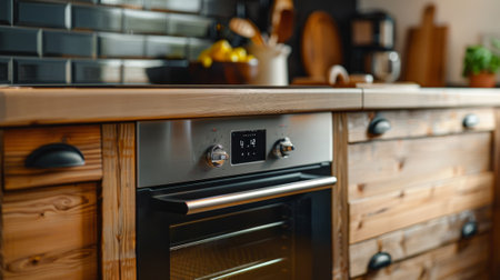 kitchen with wooden furniture and built-in oven generative aiの素材