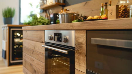 kitchen with wooden furniture and built-in oven generative aiの素材