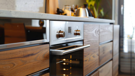 kitchen with wooden furniture and built-in oven generative aiの素材