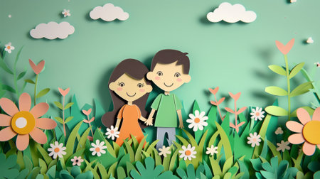 animated characters with cut paper, illustrating love in a garden generative aiの素材