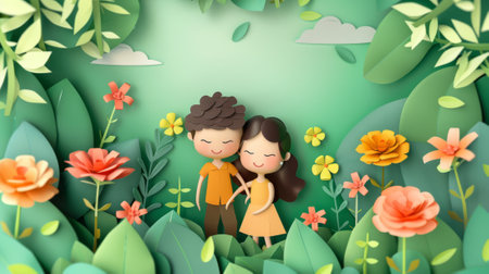 animated characters with cut paper, illustrating love in a garden generative aiの素材