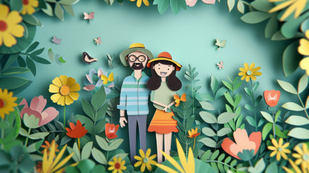 animated characters with cut paper, illustrating love in a garden generative aiの素材