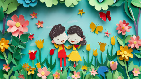animated characters with cut paper, illustrating love in a garden generative aiの素材