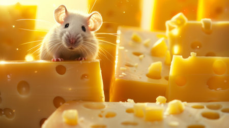 little mouse with yellow cheese looking at the camera generative aiの素材
