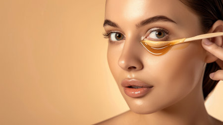 Beautiful young woman with wax for depilation on beige background generative aiの素材